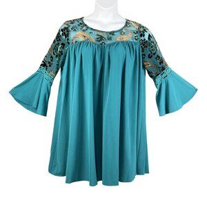 Umgee Womens L Boho Floral Velvet Burn Out Shift Dress Embroidered Bell Sleeve